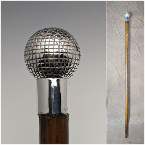 Circa 1900 British antique gentleman's walking stick, golf ball shaped, round handle, 88cm
